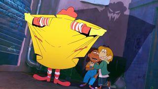 An animation of Ronald McDonald flashing cartoon children. 