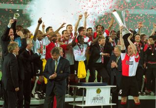 Feyenoord captain Paul Bosvelt lifts the UEFA Cup, 2002