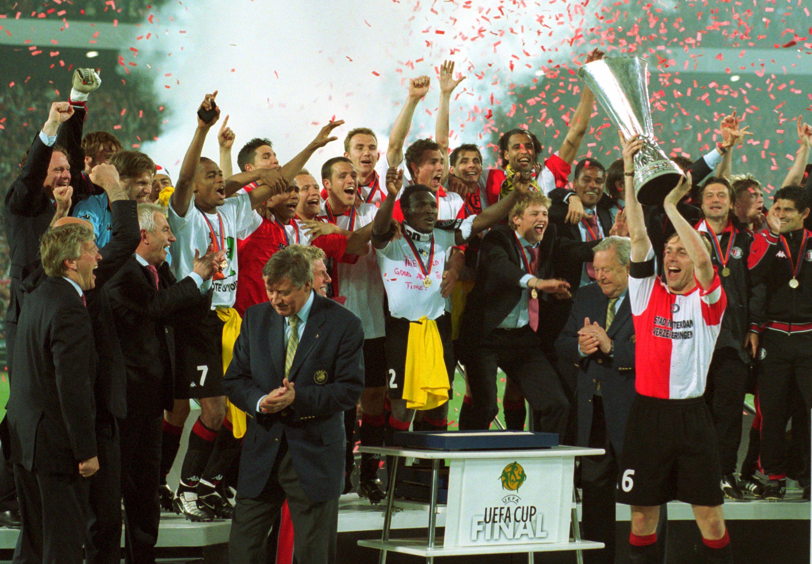 Feyenoord captain Paul Bosvelt lifts the UEFA Cup, 2002