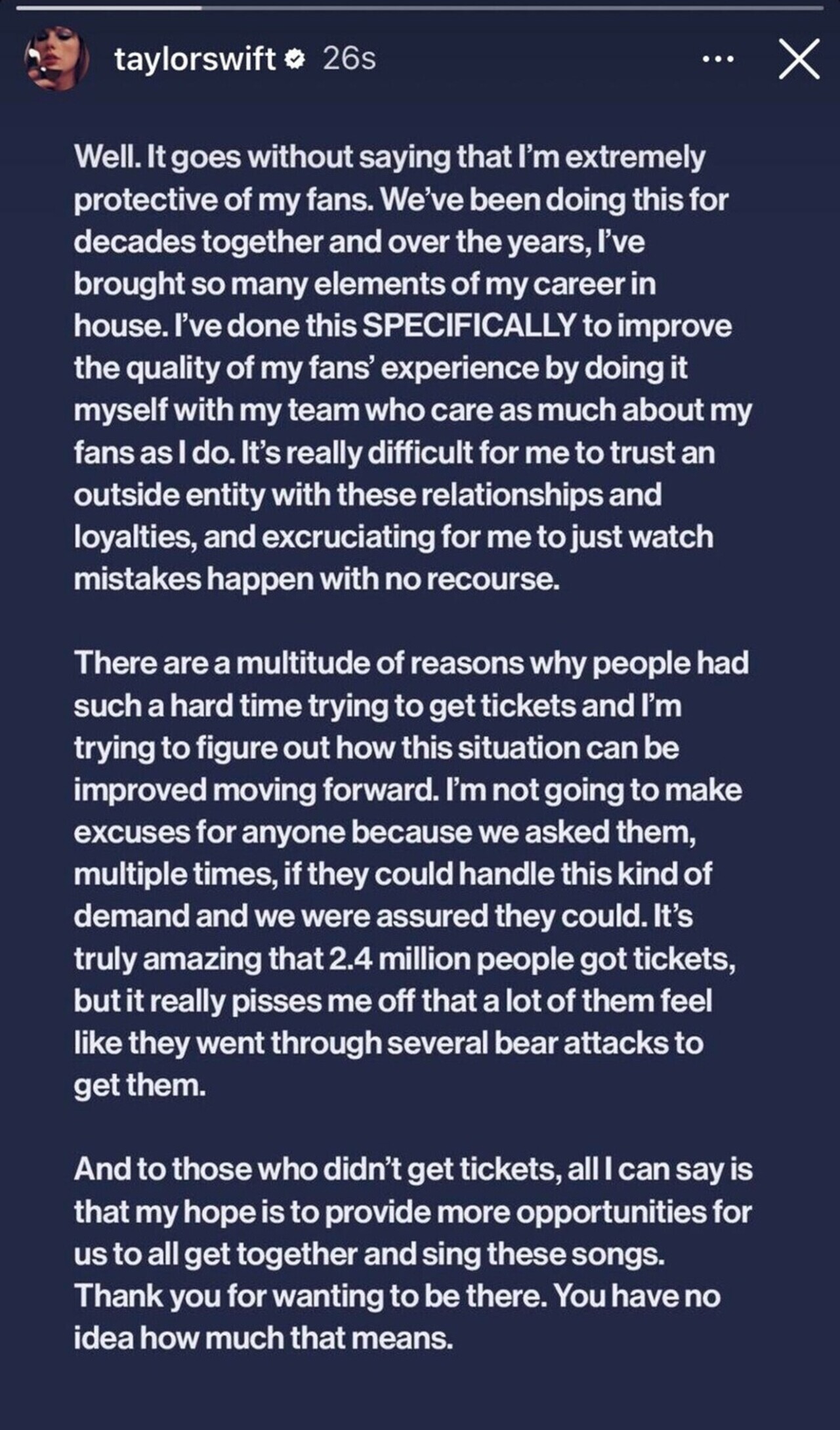 Taylor Swift story screenshot about Ticketmaster