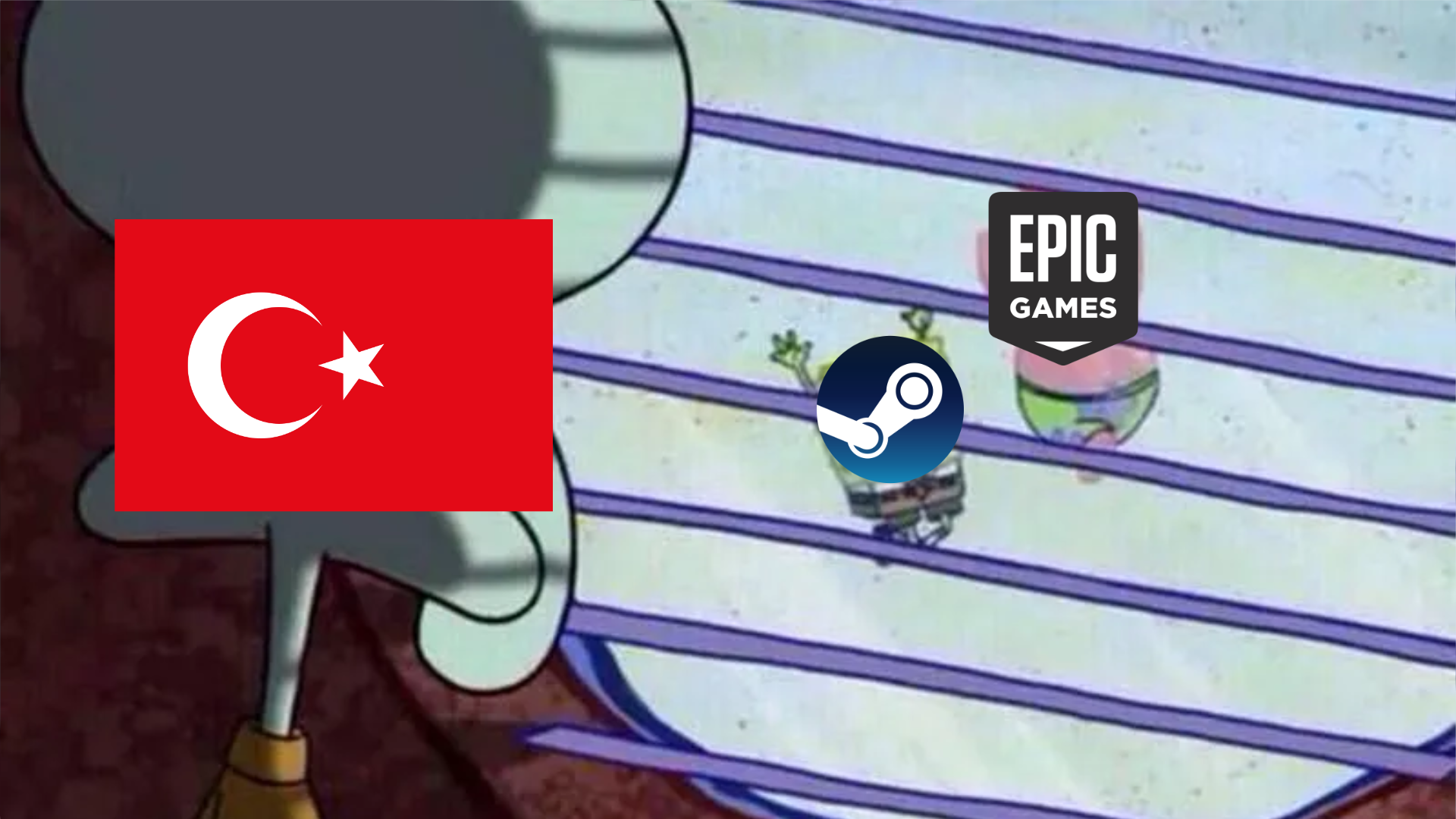 Spongebob meme with Epic logo, Steam logo, and Turkey flag