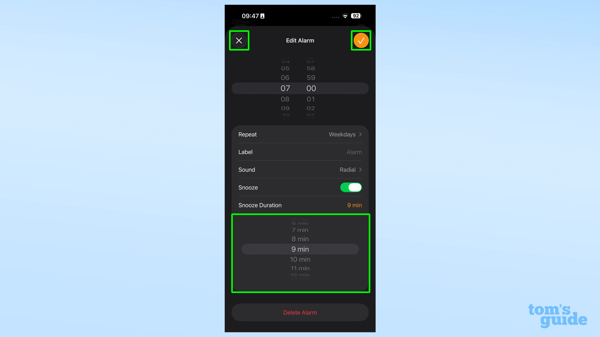 iOS 26 Clock app with wheel of snooze options open