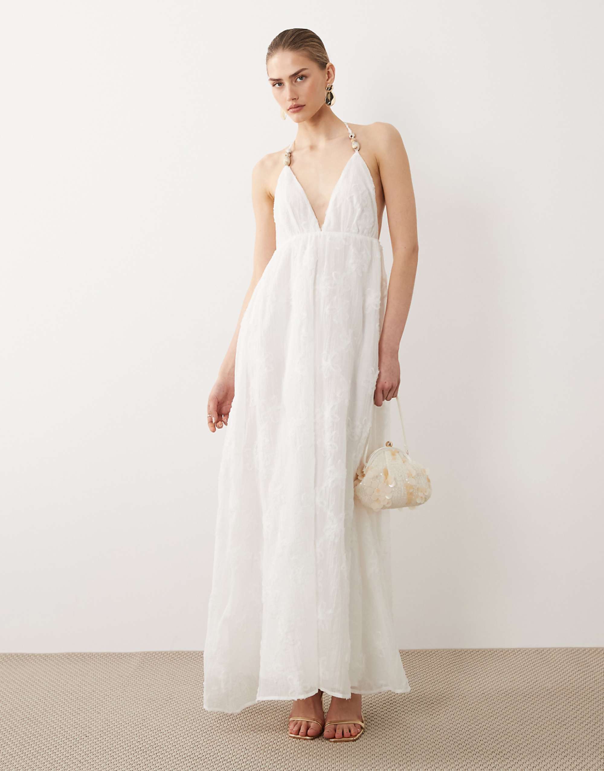 Sndys Linen Look Textured Floral Beaded Detailing Plunge Halterneck Maxi Dress in White