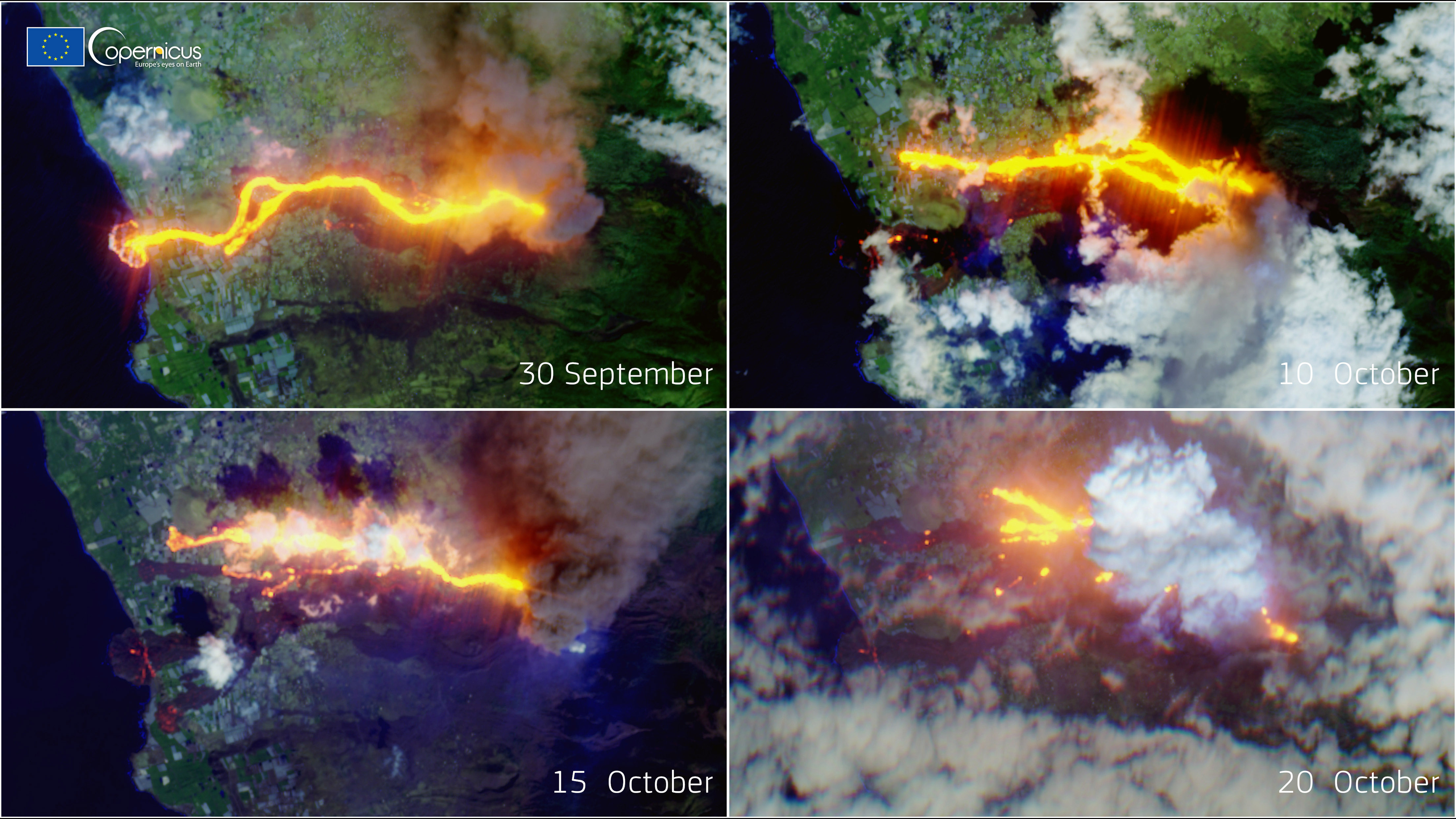 A series of images captured by the European Sentinel 2 satellite shows the devastation caused by the Cumbre Vieja volcano on Spain's island of La Palma one month after the eruption's onset.