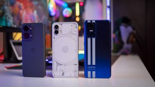 Nothing phone (1) next to Nord 2T and Realme GT 3 Neo