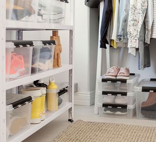 shelving units with plastic storage boxes and shoes