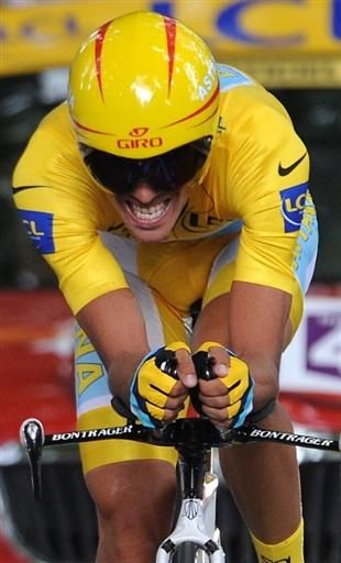 Alberto Contador (Astana) en route to victory in the stage 18 time trial.