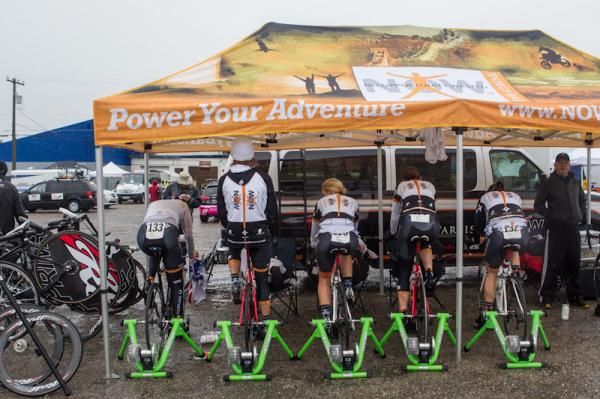 NOW and Novartis riders staying dry while warming up.