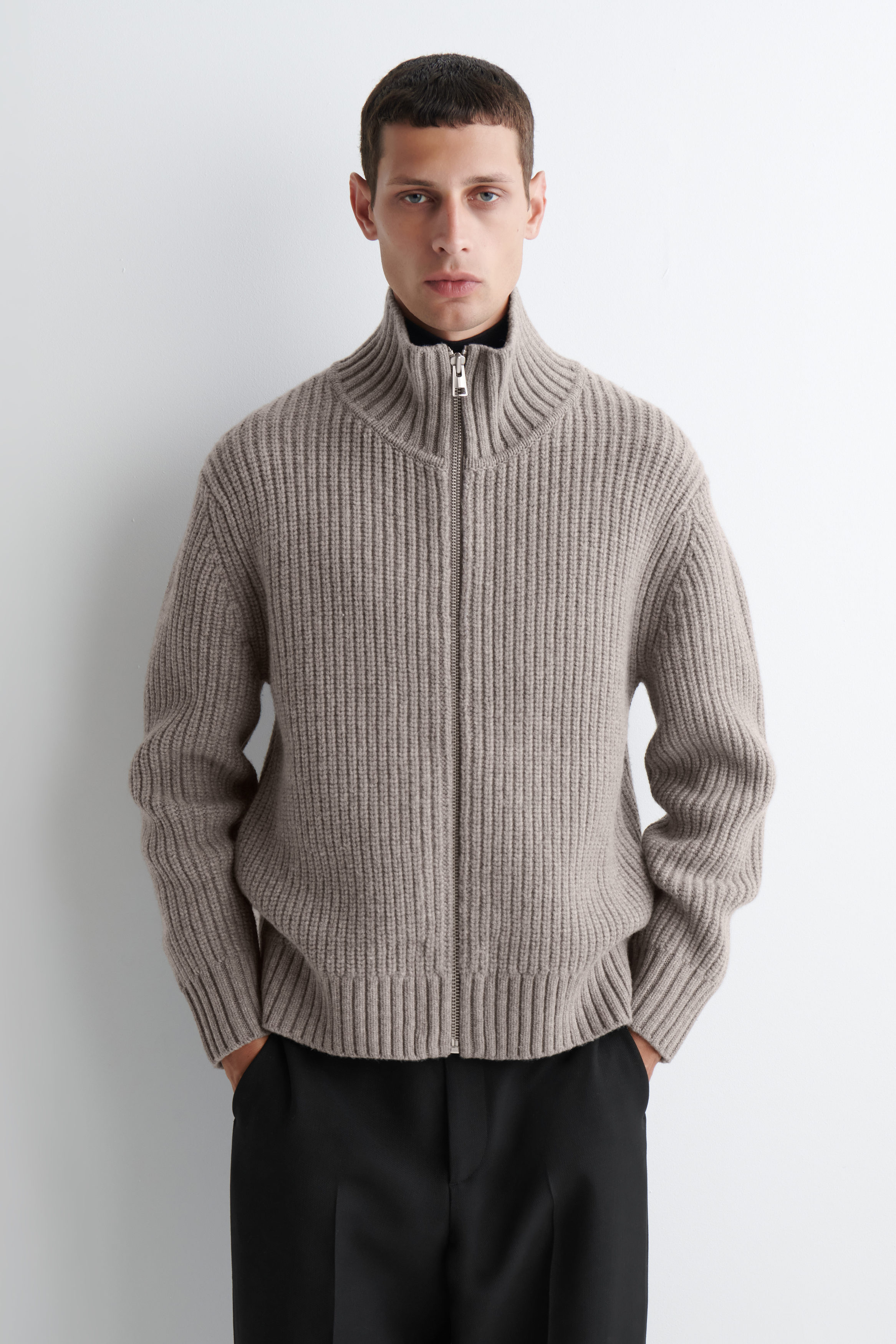 Funnel-Neck Knitted Wool Jacket