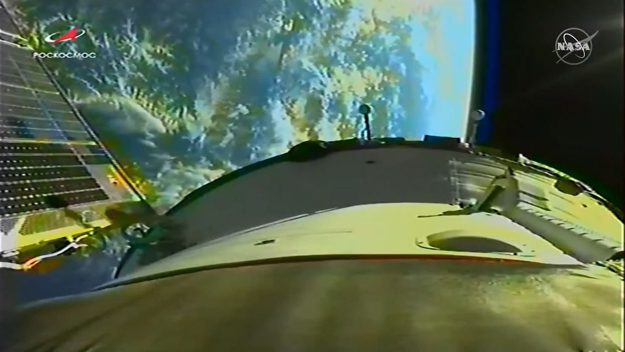 A view of Earth from Russia's Soyuz MS-19 spacecraft after it reached orbit with a film crew on a mission to the International Space Station on Oct. 5, 2021.