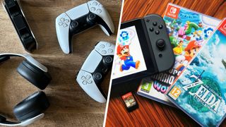 A selection of PlayStation accessories, a Switch, and game cases on wooden surfaces