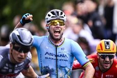 British Mark Cavendish of Astana Qazaqstan celebrates as he crosses the finish line to win stage 5 of the 2024 Tour de France cycling race, from Saint-Jean-de-Maurienne to Saint-Vulbas, France (177,4 km) on Wednesday 03 July 2024. The 111th edition of the Tour de France starts on Saturday 29 June and will finish in Nice, France on 21 July. BELGA PHOTO JASPER JACOBS (Photo by JASPER JACOBS / BELGA MAG / Belga via AFP)