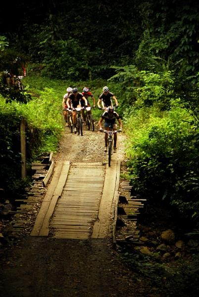 Crossing a wooden bridge