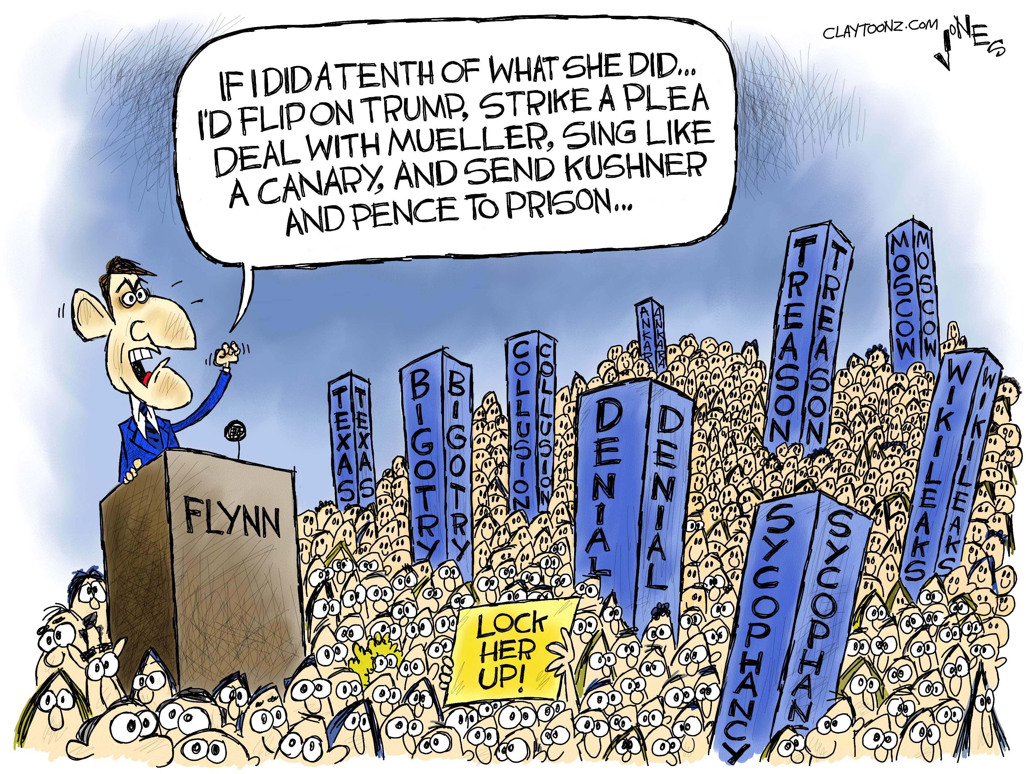 Political cartoon U.S. Mueller investigation Michael Flynn Hillary Clinton
