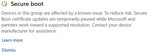 The Windows Secure boot section on the Device Security dashboard, showing that Secure Boot is affected by a known issue but can be updated by the OEM.