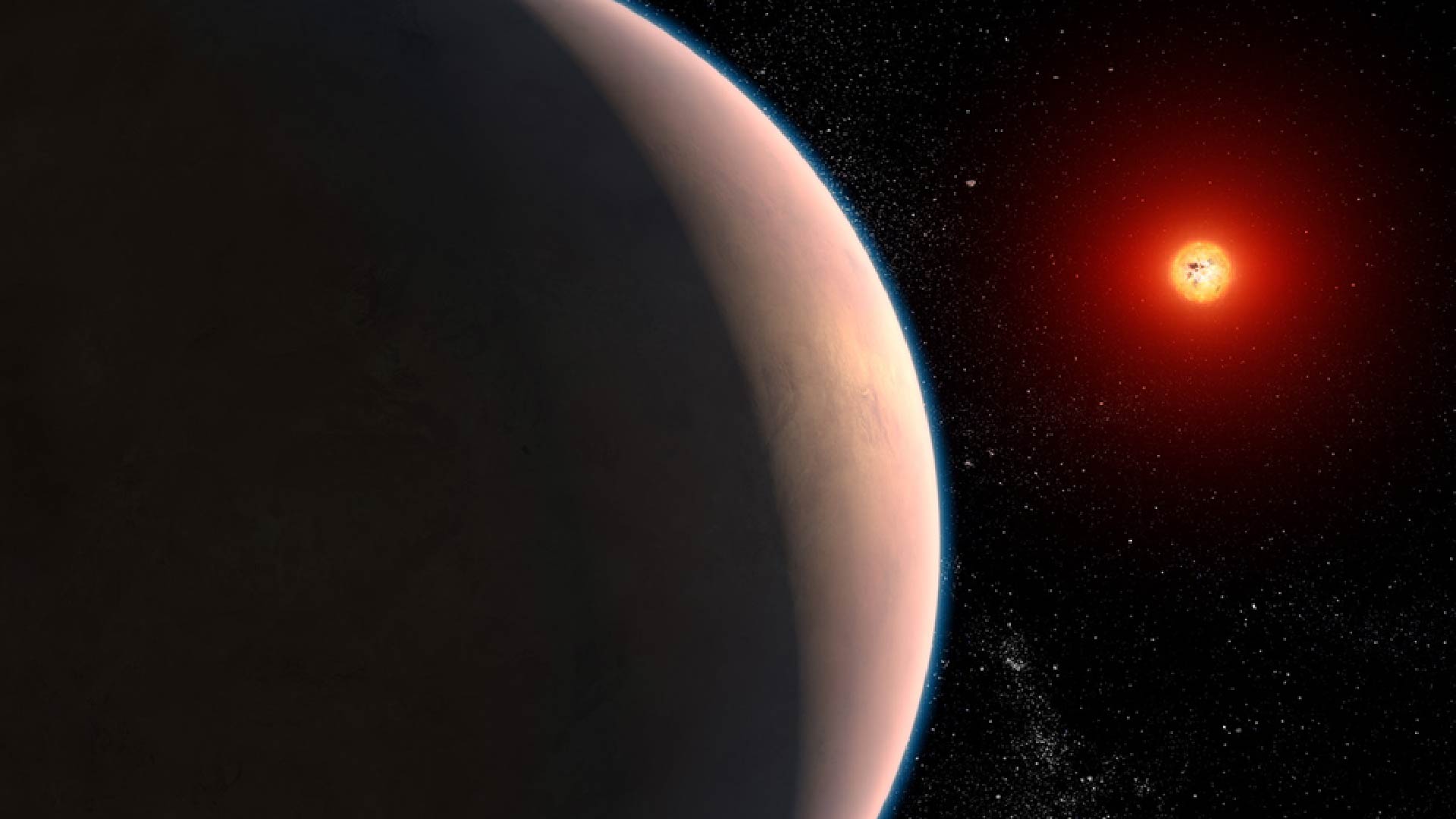 This artist concept represents the rocky exoplanet GJ 486 b, which orbits a red dwarf star.