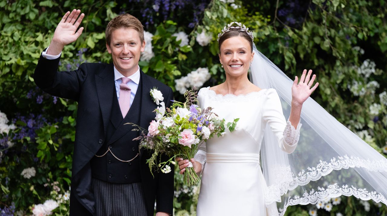 Hugh Grosvenor, Duke of Westminster and Olivia Grosvenor, Duchess of Westminster depart after their wedding ceremony at Chester Cathedral on June 07, 2024 in Chester, England. 