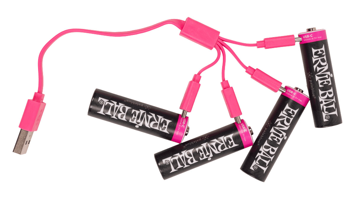 Ernie Ball Paleblue rechargeable USB-C batteries: can these be the green solution your touring rig needs? Available now in AA and 9V packs.