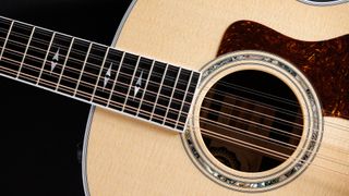 A detail of the Taylor 858e 12-string acoustic