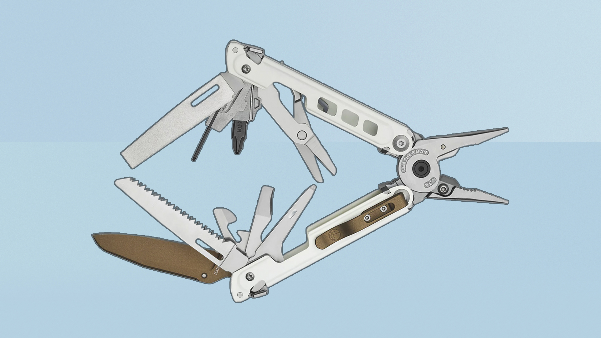 Leatherman 40th Anniversary Tool on coloured background