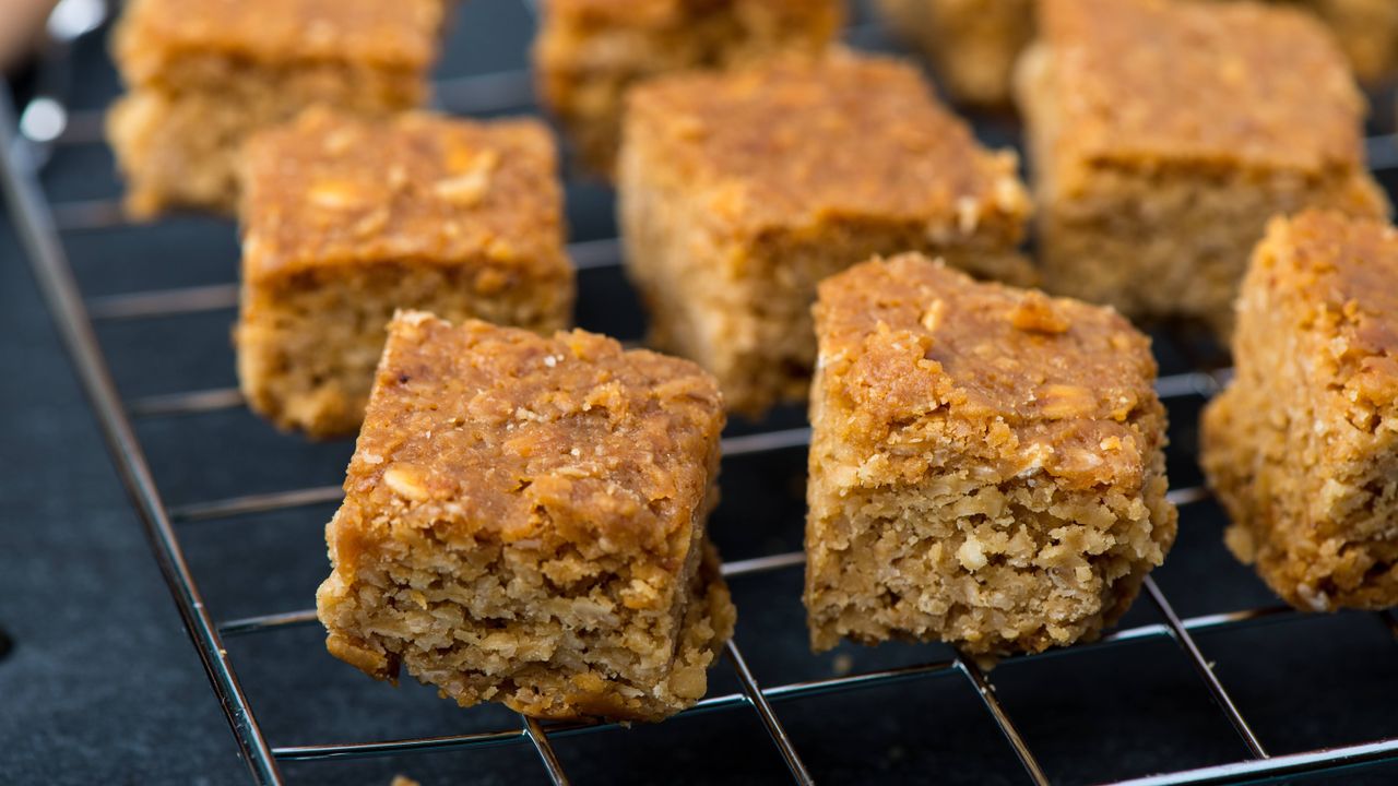 golden syrup flapjacks on a wire rack