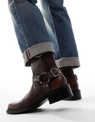 Asos Design Chelsea Biker Boots in Brown With Buckles