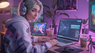 A young woman, likely Gen Z, with light blue hair and headphones, sitting at a desk in a room with purple ambient lighting. She's wearing a white hoodie with colourful abstract designs. She's looking back over her shoulder at the viewer with a slight smile.