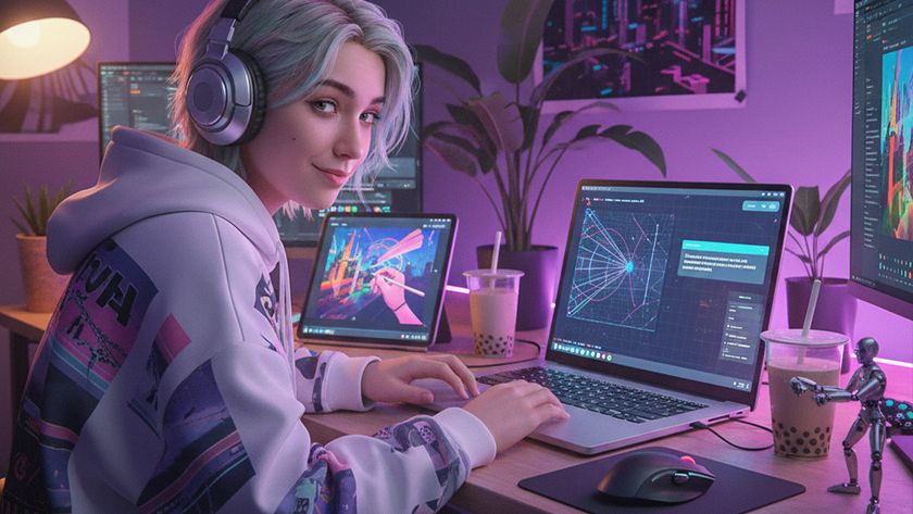 A young woman, likely Gen Z, with light blue hair and headphones, sitting at a desk in a room with purple ambient lighting. She&#039;s wearing a white hoodie with colourful abstract designs. She&#039;s looking back over her shoulder at the viewer with a slight smile.
