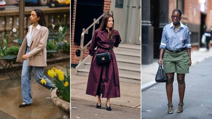 a collage of editors wearing work outfits in new york city to illustrate a story about office appropriate work outfits