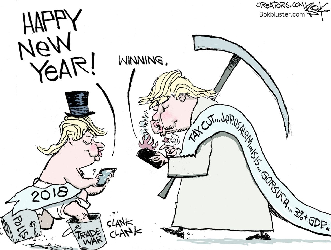 Political cartoon U.S. Happy New Year Trump tax cuts Jerusalem trade