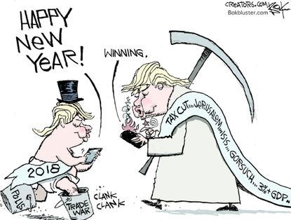 Political cartoon U.S. Happy New Year Trump tax cuts Jerusalem trade