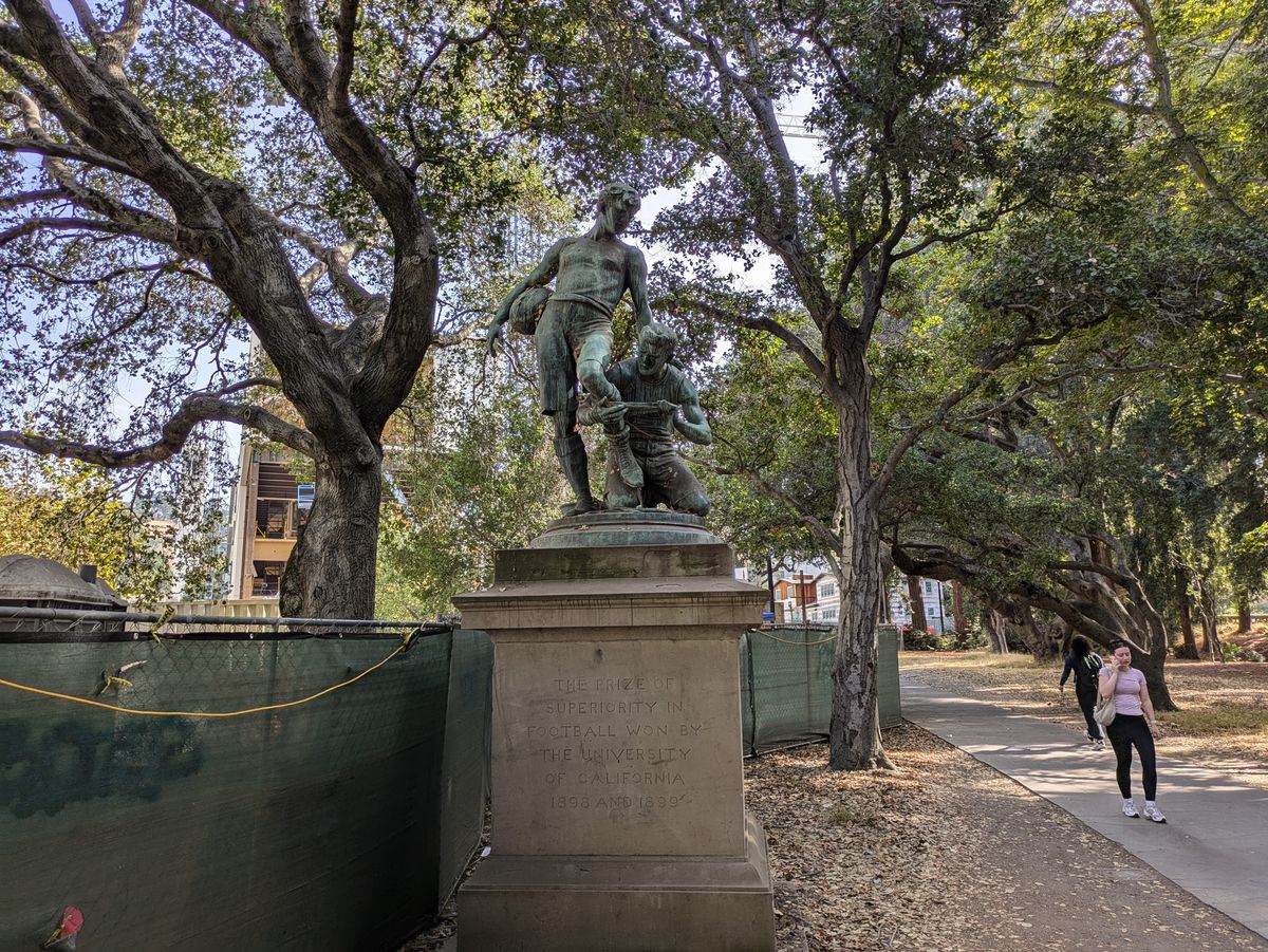 statue of two 19th century football players on UC Berkeley campus shot by Pixel 8a
