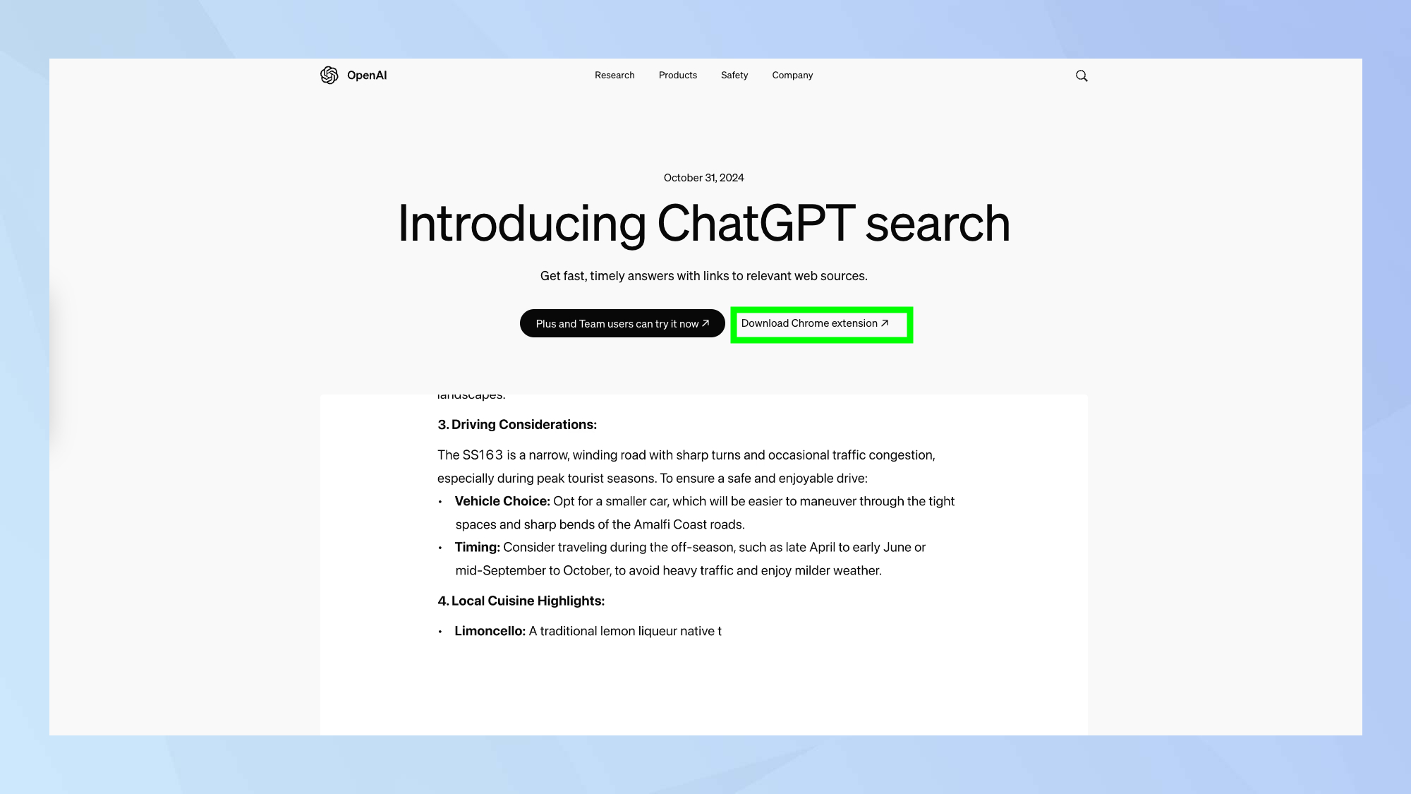 ChatGPT search announcement page 