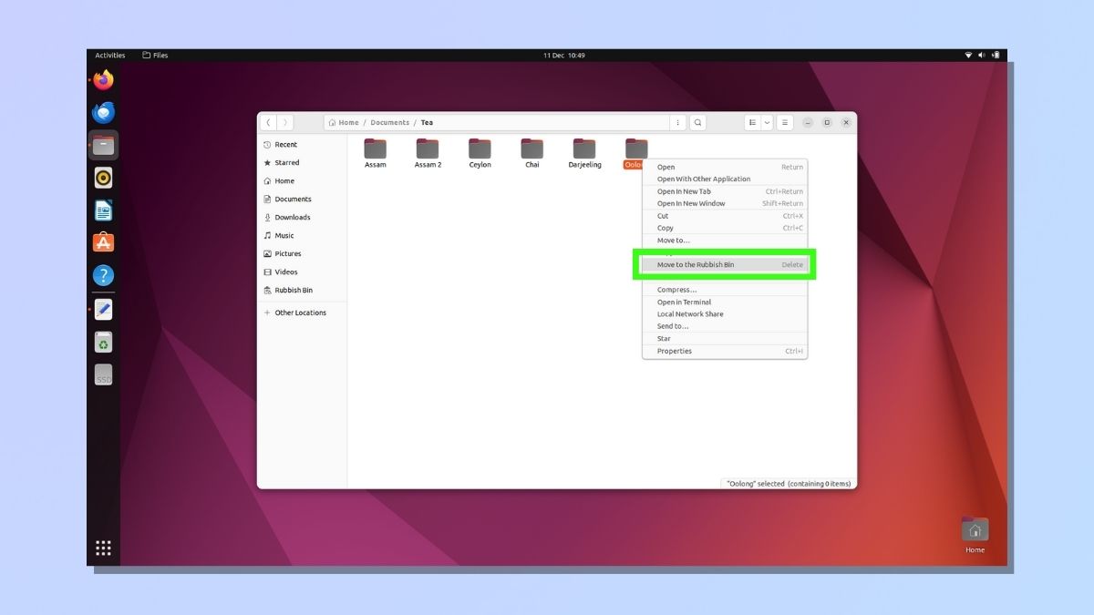 Снимок экрана, показывающий, как удалять каталоги в Linux с помощью приложения «Файлы» в дистрибутиве.