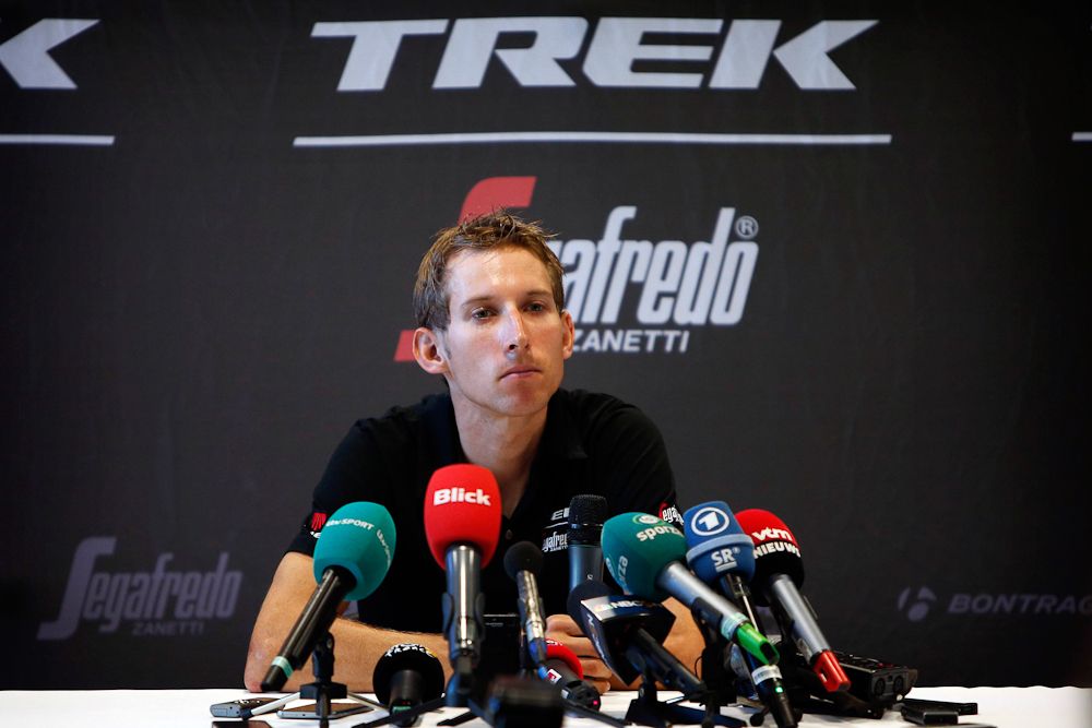Bauke Mollema speaks at the Trek-Segafredo press conference.