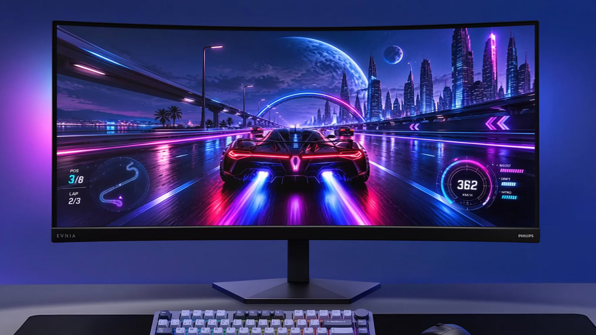 A Philips Evnia 36-inch ultrawide gaming monitor on a desk