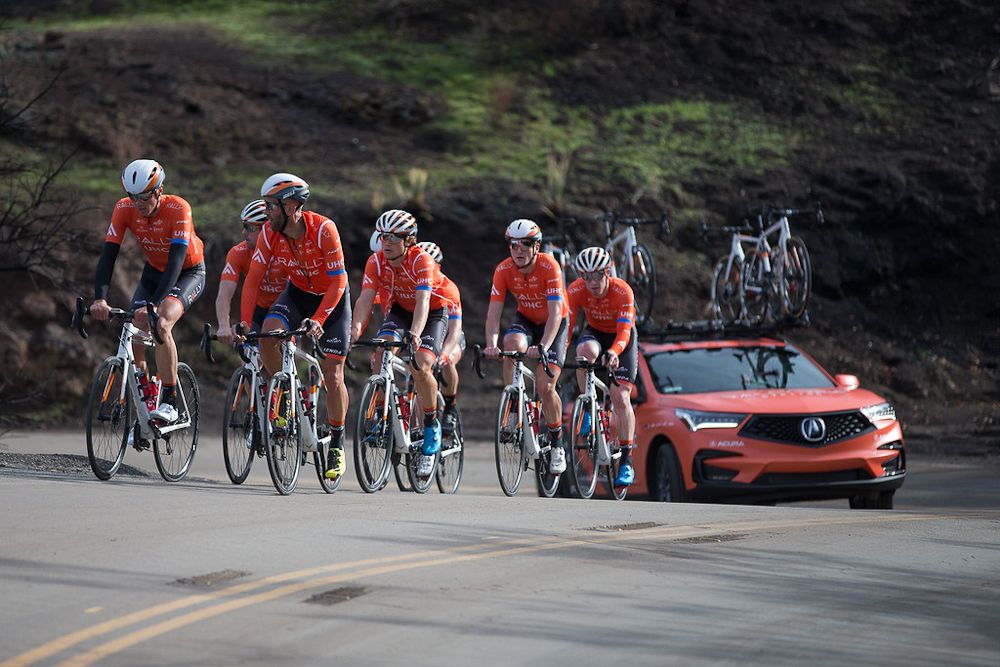 The rally UHC riders on a climb during a training ride