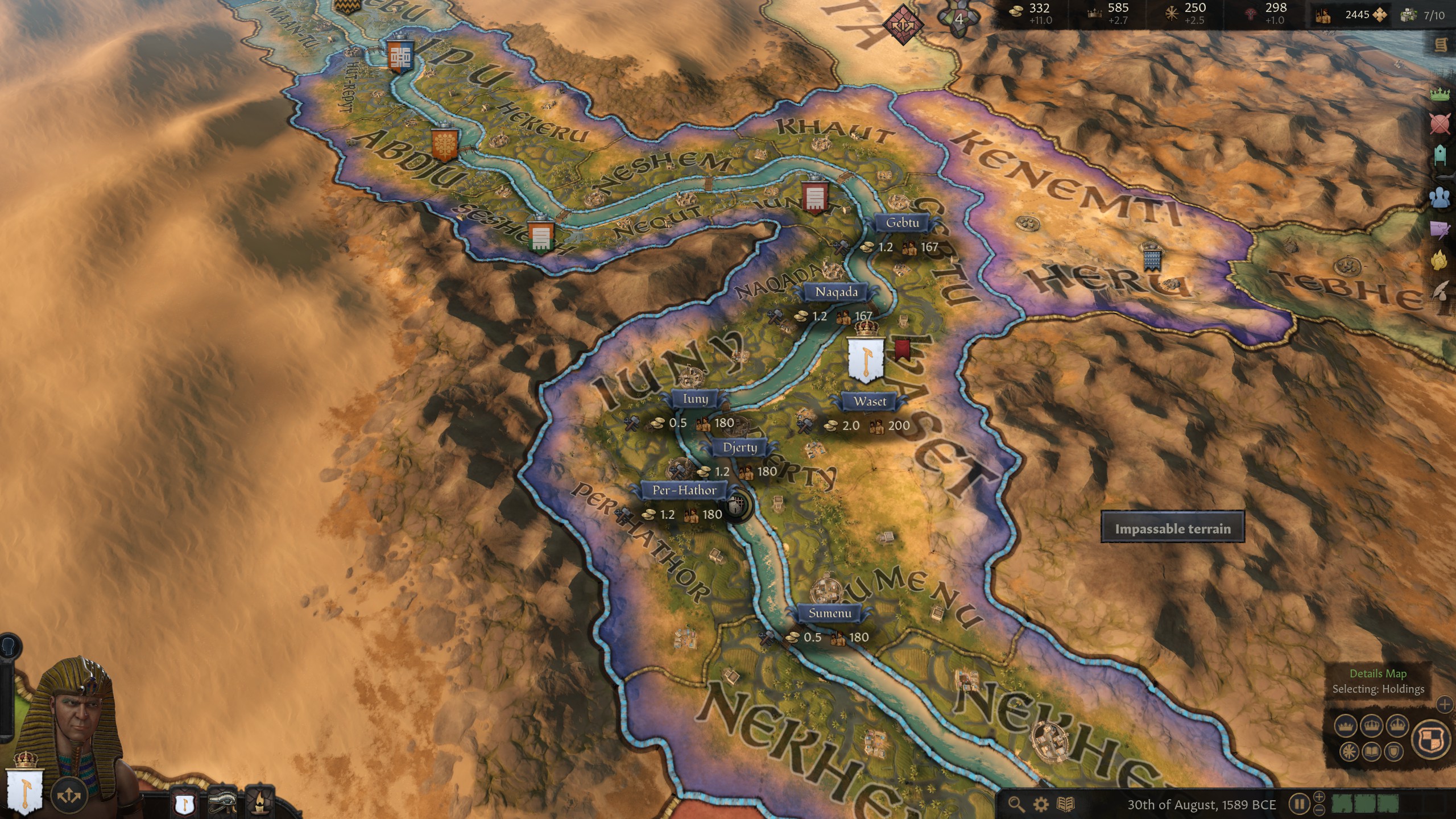 A shot on the map in Crusader Kings 3 mod, The Bronze Age: Maryannu