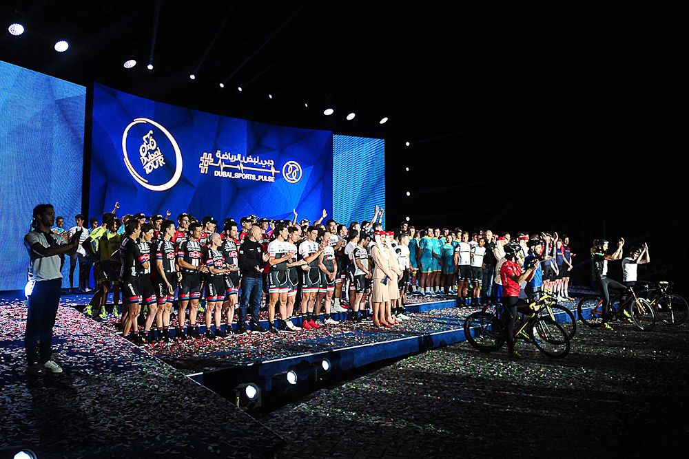 Confetti litters the floor at the Dubai team presentation.