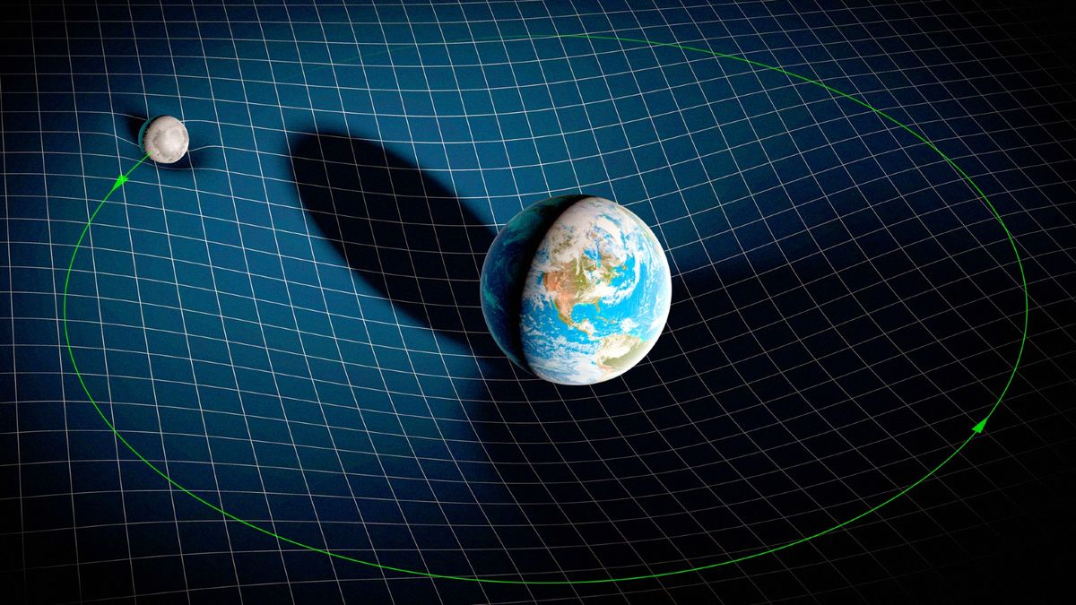 The gravitational constant can be used to calculate the gravitational pull between two objects. An illustration of the gravitational fields of the Earth and Moon distorting the fabric of space-time.