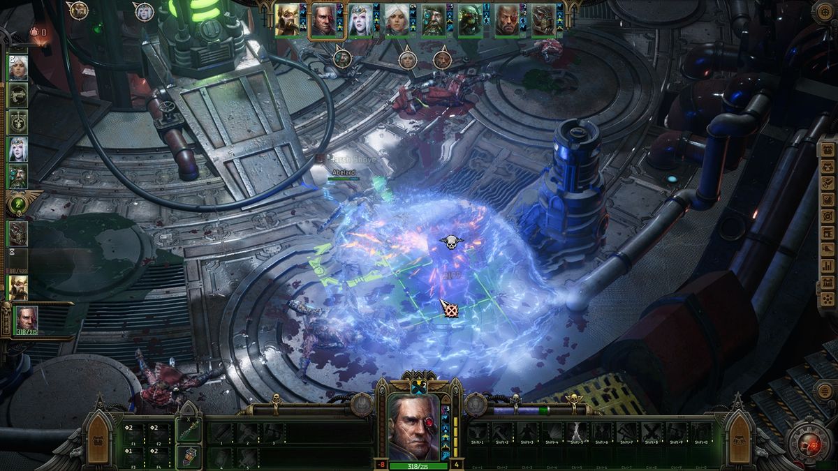 A sci-fi strategy game screenshot displays a character surrounded by a glowing blue aura on a high-tech, industrial floor. Icons and game stats border the screen.