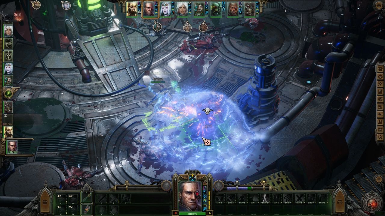 A sci-fi strategy game screenshot displays a character surrounded by a glowing blue aura on a high-tech, industrial floor. Icons and game stats border the screen.