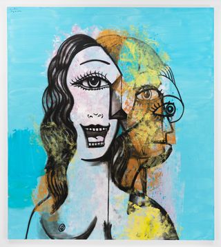 Frieze los angeles 2023 Transitional Portrait in Turquoise and Gold 2022 George Condo