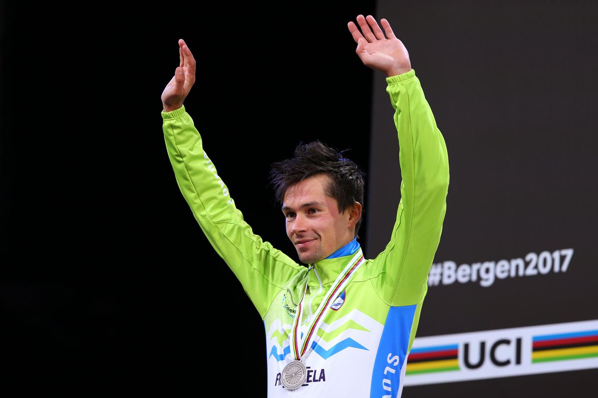 Primoz Roglic (Slovenia) celebrating his silver medal on the podium