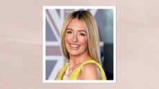 Image of Cat Deeley smiling with straight blonde hair and wearing a yellow dress, on a pink background