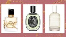 Perfumes from YSL, Diptyque and Malin+Goetz are pictured in a pink and gold glitter template