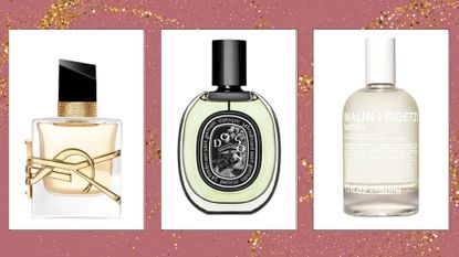 Perfumes from YSL, Diptyque and Malin+Goetz are pictured in a pink and gold glitter template