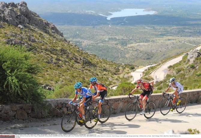 Rob Squire (Jamis-Hagens Berman) climbs behind Garmin-Sharp teammates Tom Danielson and Phil Gaimon on the finishing ascent during stage 4 at the Tour de San Luis
