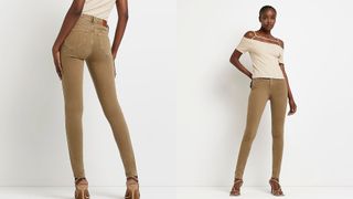 composite of model wearing River Island Brown Molly mid rise skinny jeans