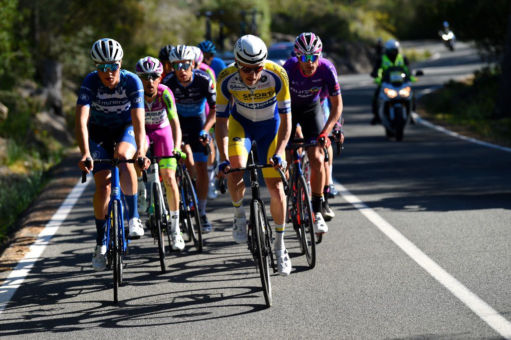 ANDRATX SPAIN JANUARY 29 LR Kasper Saver of Belgium and Minerva Cycling Team Ruben Apers of Belgium and Team Sport Vlaanderen Baloise and Mario Aparicio Muoz of Spain and Team Burgos BH compete in the breakaway during the 31st Challenge Ciclista Mallorca 2022 Trofeo Pollena Port d Andratx a 170 km race from Pollena to Andratx 214m ChallengeMallorca on January 29 2022 in Andratx Spain Photo by Dario BelingheriGetty Images